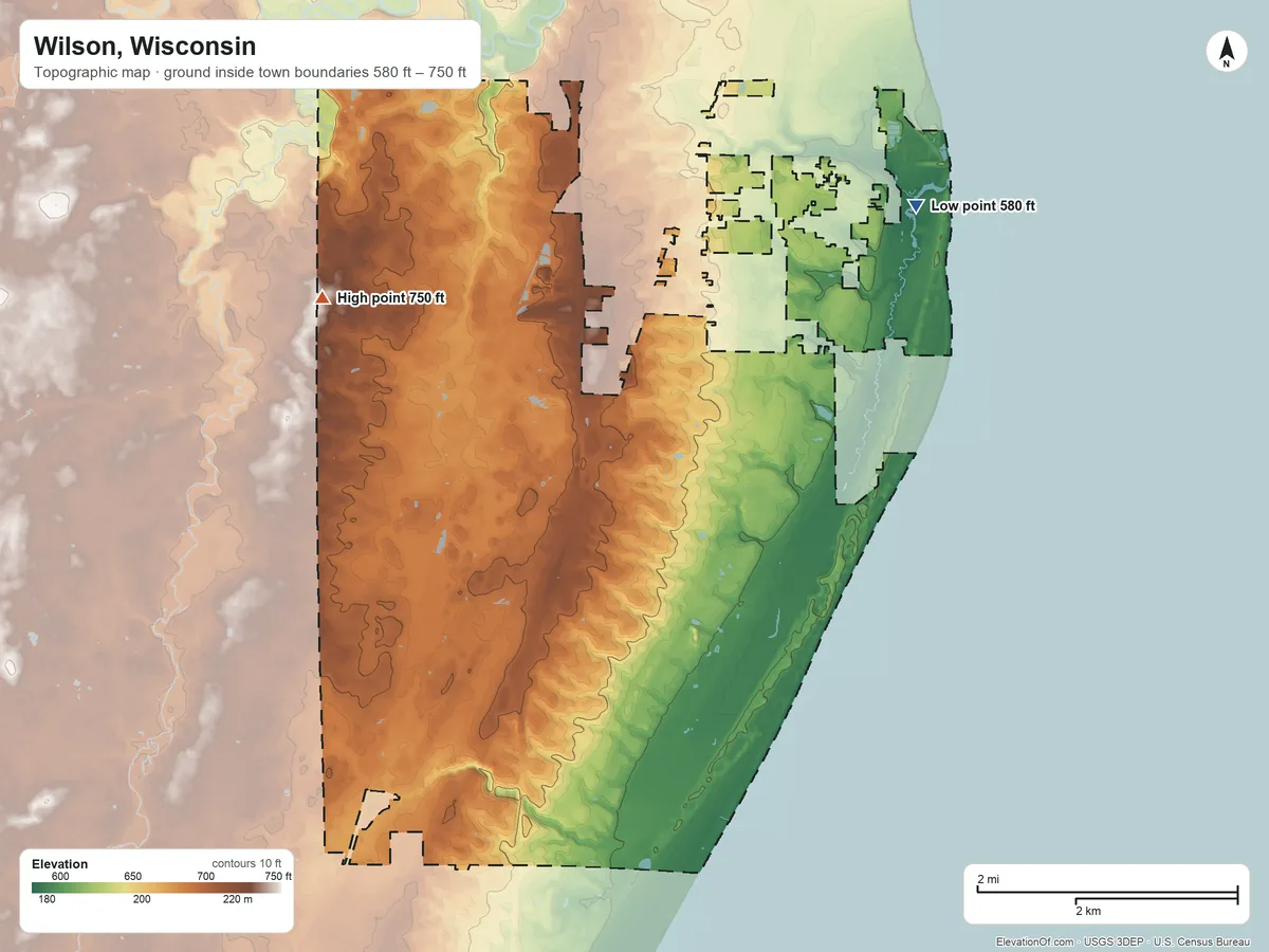 Topographic elevation map of Wilson, Wisconsin, shaded from 580 ft on the northeast side to 750 ft on the west side