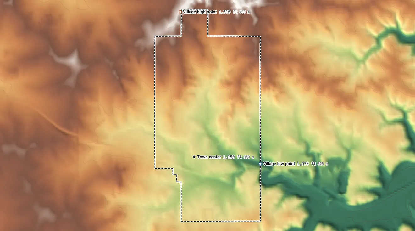 Topographic elevation map of Village of Wilson, Wisconsin, shaded from 1,070 ft on the east side to 1,310 ft on the north side