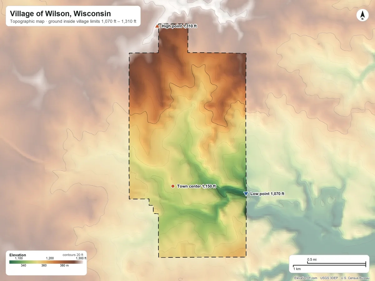 Topographic elevation map of Village of Wilson, Wisconsin, shaded from 1,070 ft on the east side to 1,310 ft on the north side