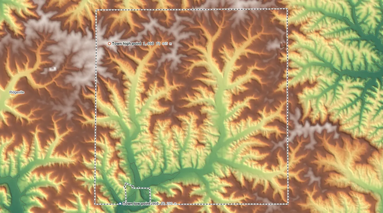 Topographic elevation map of Wilton, Wisconsin, shaded from 960 ft on the southwest side to 1,460 ft on the northwest side
