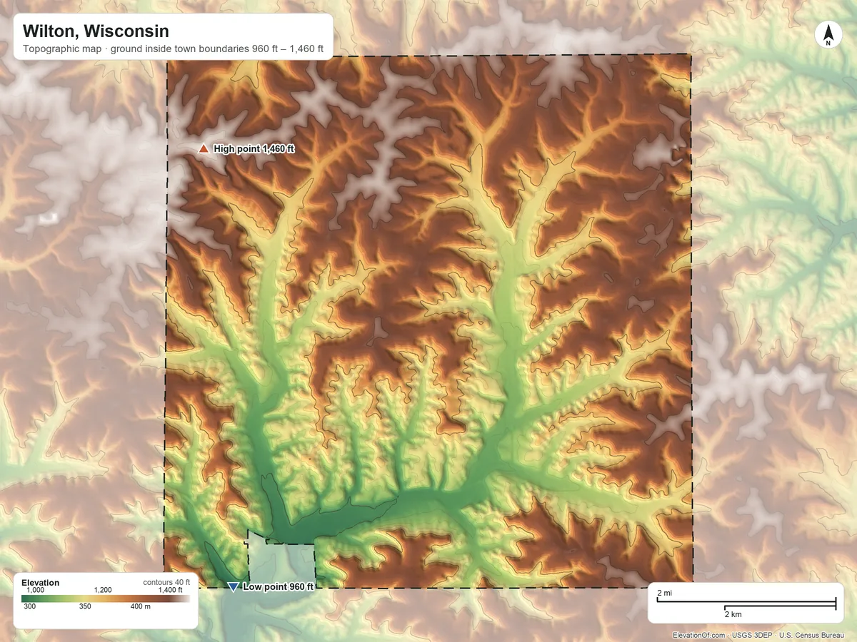 Topographic elevation map of Wilton, Wisconsin, shaded from 960 ft on the southwest side to 1,460 ft on the northwest side