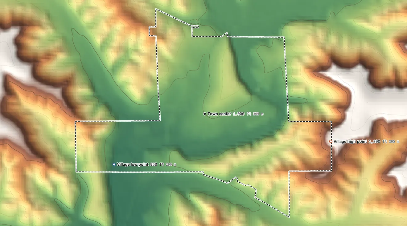 Topographic elevation map of Village of Wilton, Wisconsin, shaded from 950 ft on the southwest side to 1,300 ft on the east side