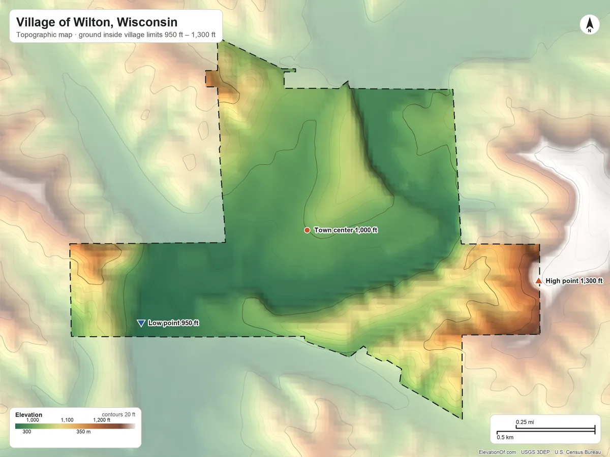 Topographic elevation map of Village of Wilton, Wisconsin, shaded from 950 ft on the southwest side to 1,300 ft on the east side