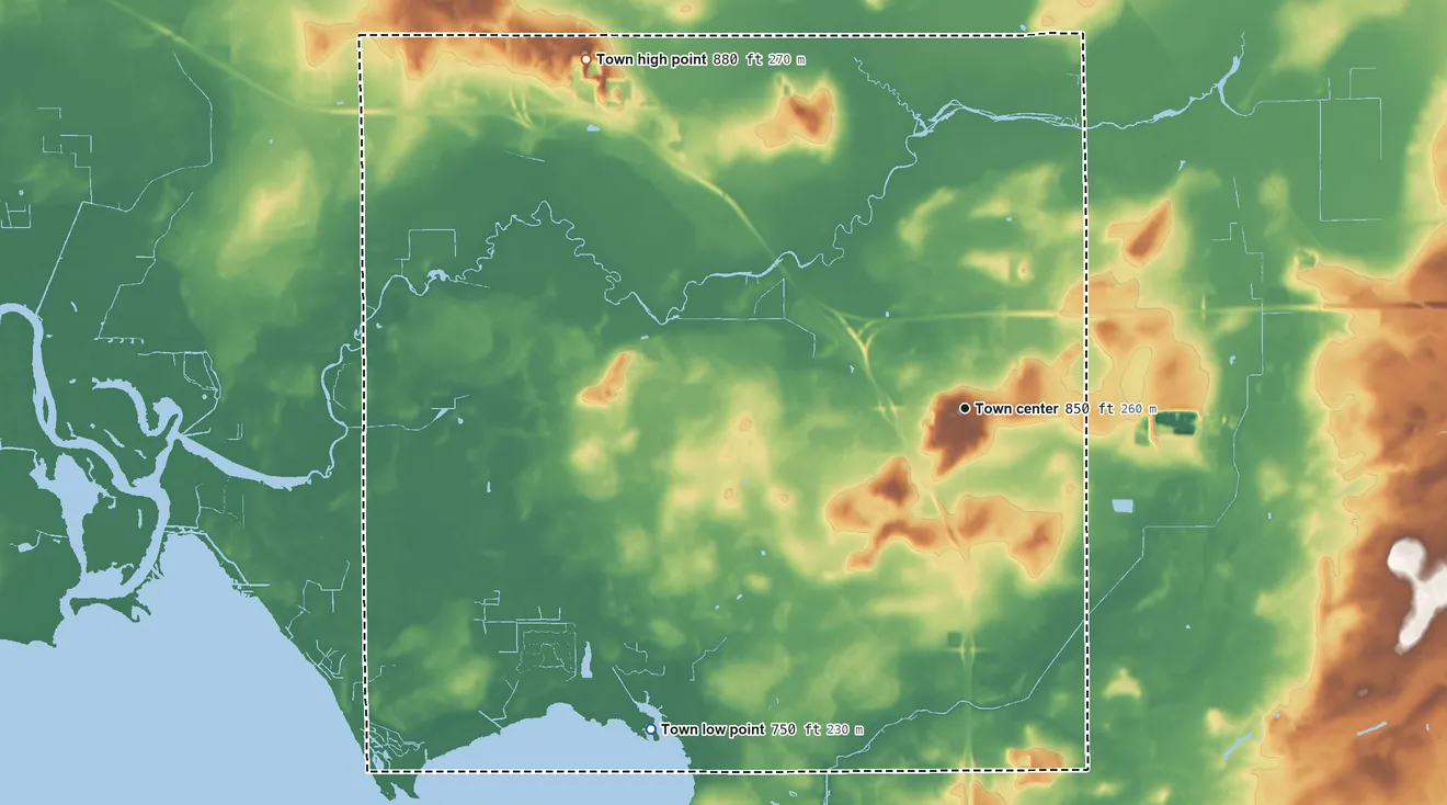 Topographic elevation map of Winchester, Wisconsin, shaded from 750 ft on the southwest side to 880 ft on the northwest side