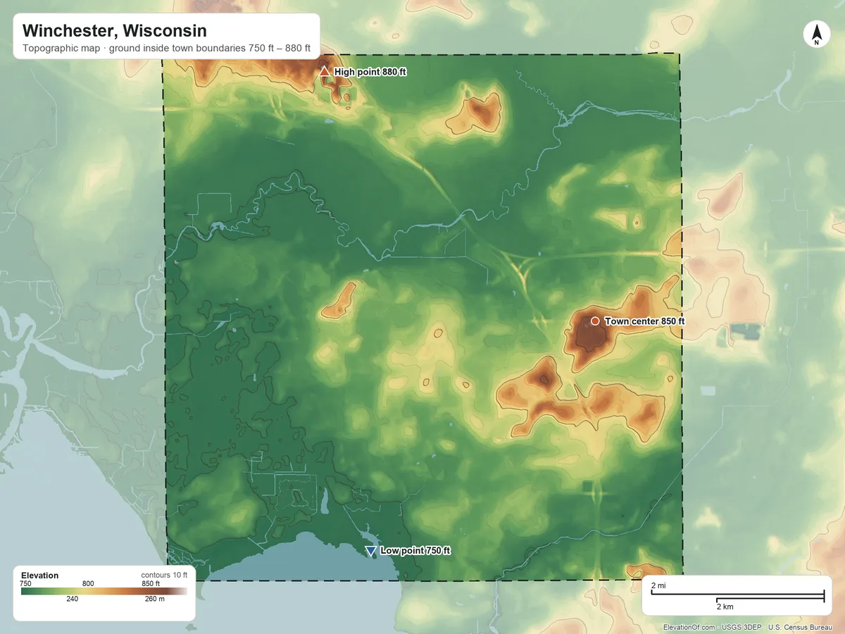 Topographic elevation map of Winchester, Wisconsin, shaded from 750 ft on the southwest side to 880 ft on the northwest side