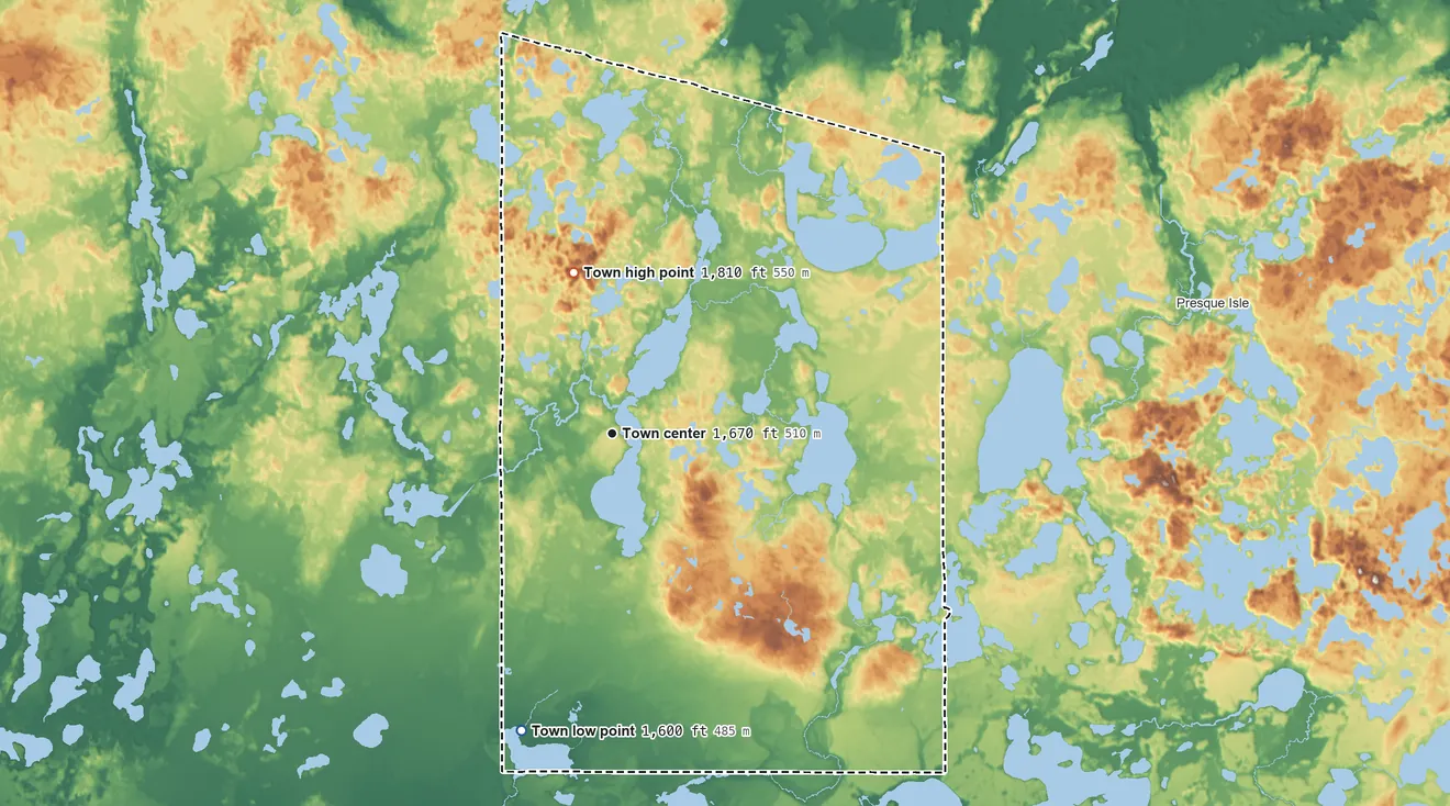 Topographic elevation map of Winchester, Vilas County, Wisconsin, shaded from 1,600 ft on the south side to 1,810 ft on the north side