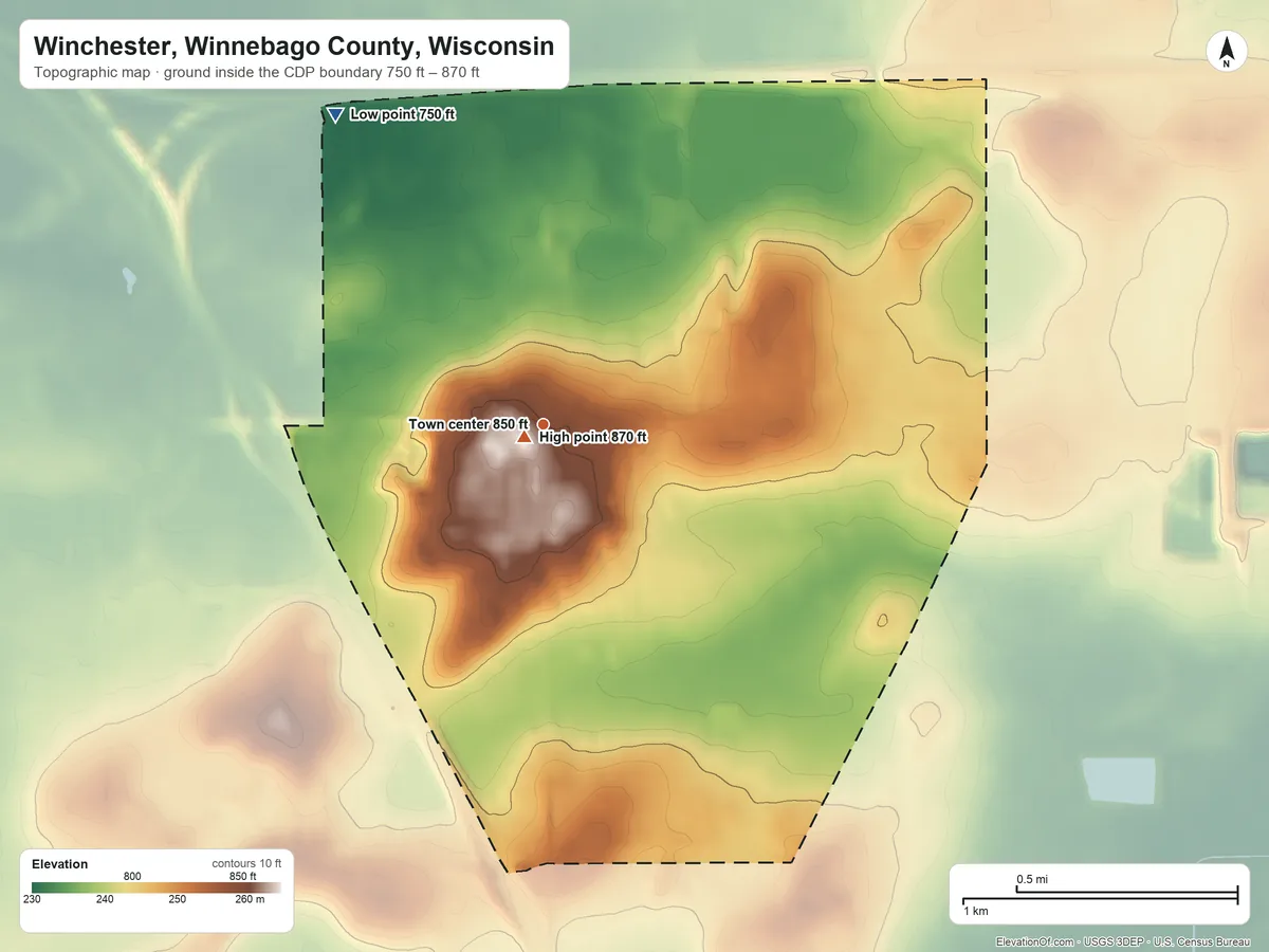 Topographic elevation map of Winchester, Winnebago County, Wisconsin, shaded from 750 ft on the northwest side to 870 ft near the middle
