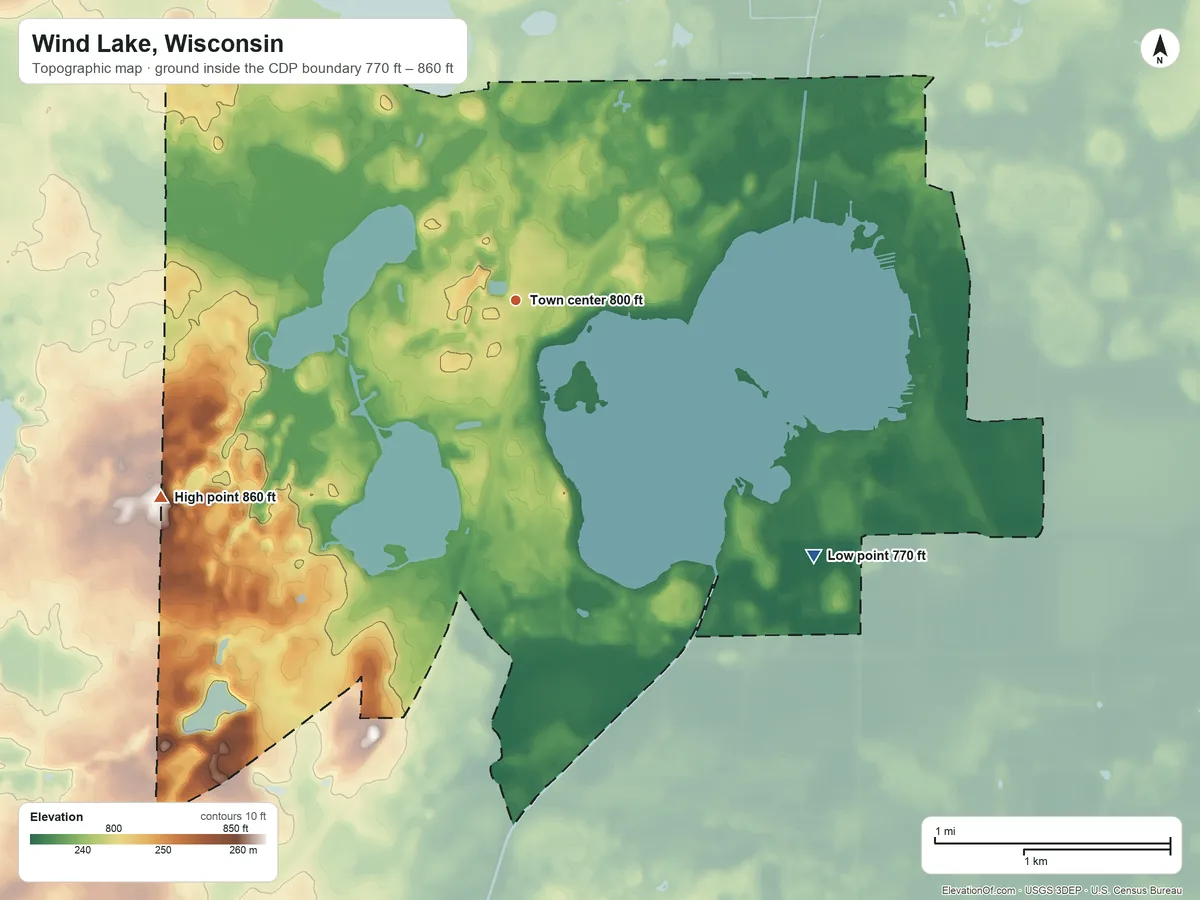 Topographic elevation map of Wind Lake, Wisconsin, shaded from 770 ft on the southeast side to 860 ft on the southwest side
