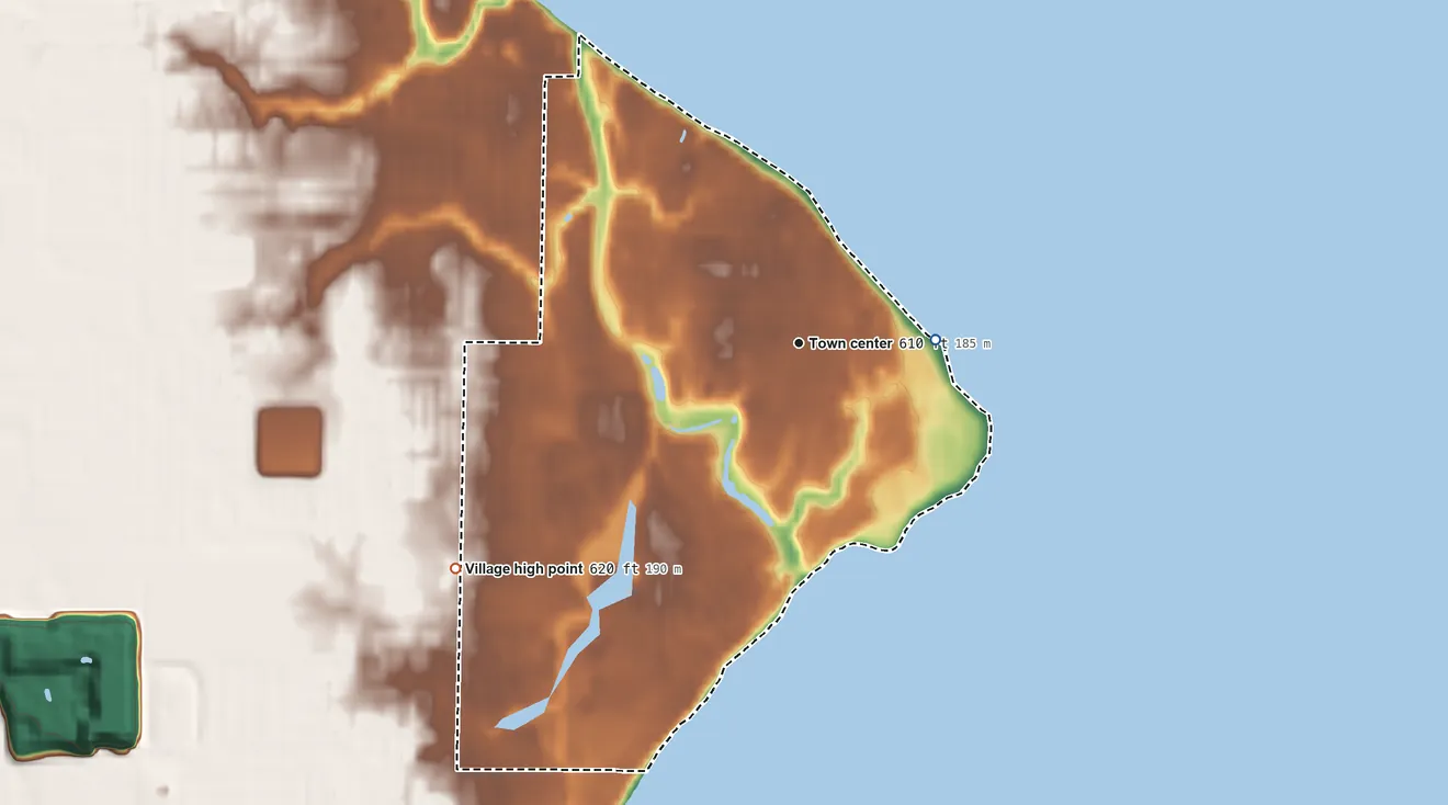 Topographic elevation map of Wind Point, Wisconsin, shaded from 580 ft on the east side to 620 ft on the southwest side
