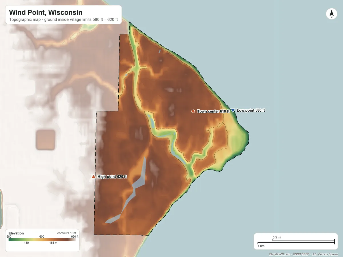 Topographic elevation map of Wind Point, Wisconsin, shaded from 580 ft on the east side to 620 ft on the southwest side