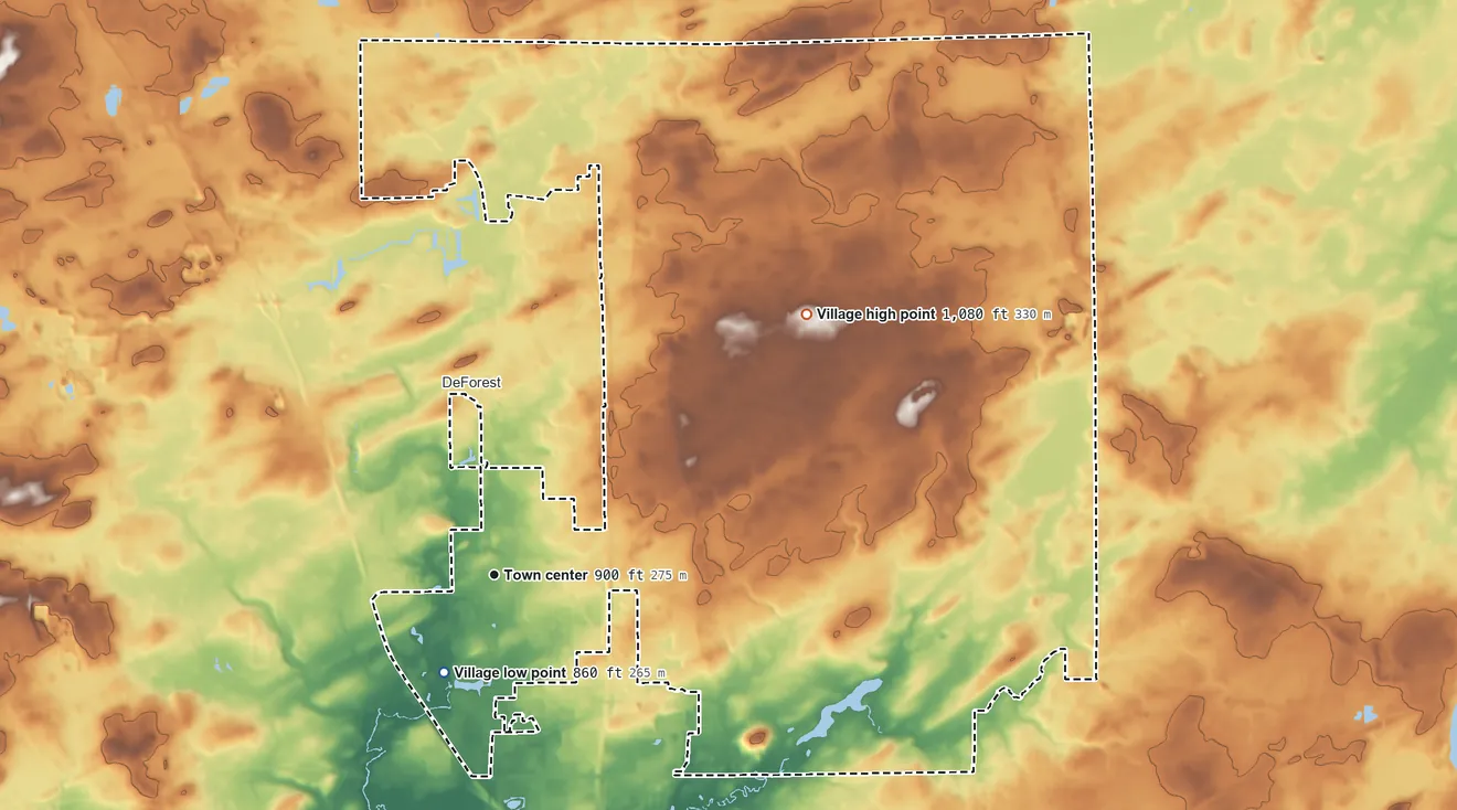 Topographic elevation map of Windsor, Wisconsin, shaded from 860 ft on the southwest side to 1,080 ft on the northeast side