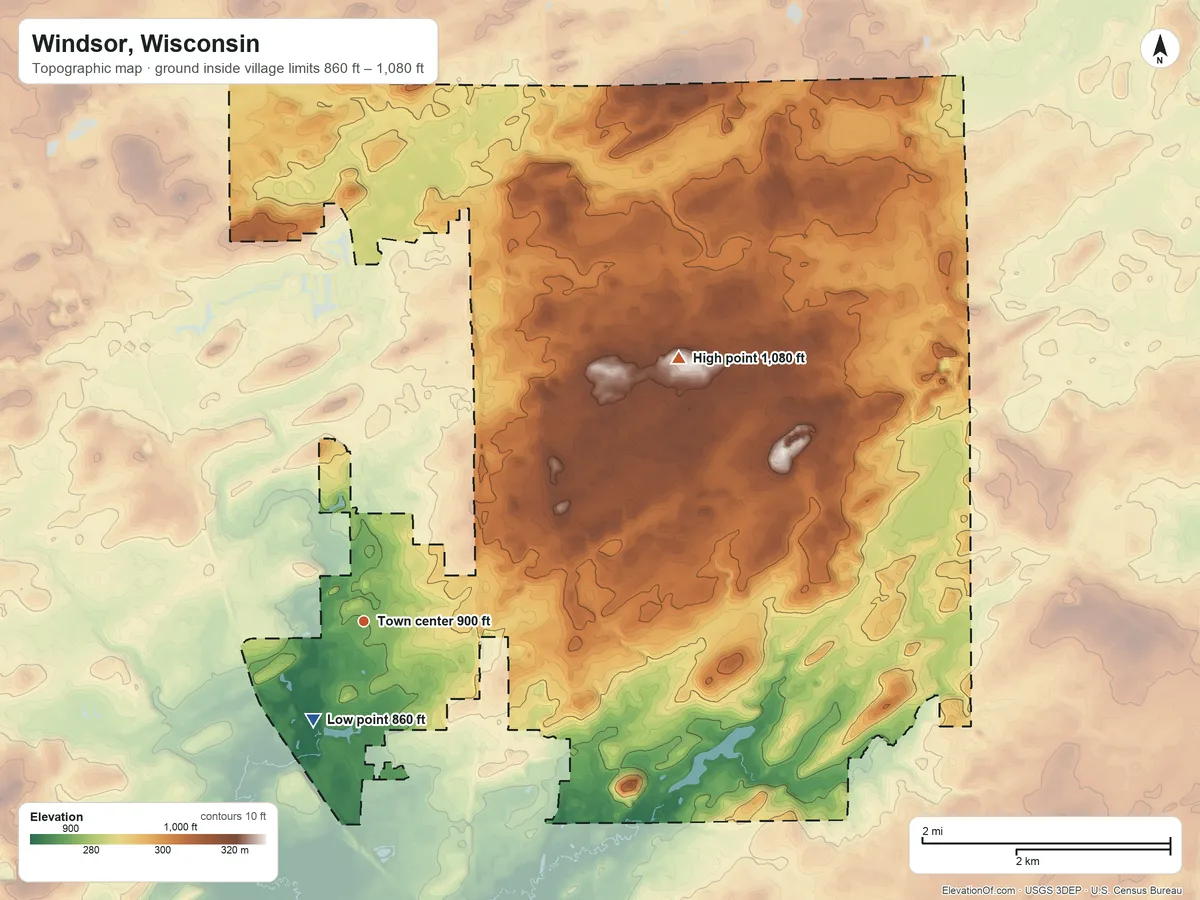 Topographic elevation map of Windsor, Wisconsin, shaded from 860 ft on the southwest side to 1,080 ft on the northeast side