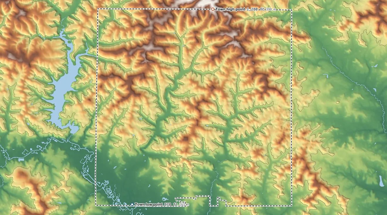 Topographic elevation map of Winfield, Wisconsin, shaded from 870 ft on the southwest side to 1,280 ft on the north side