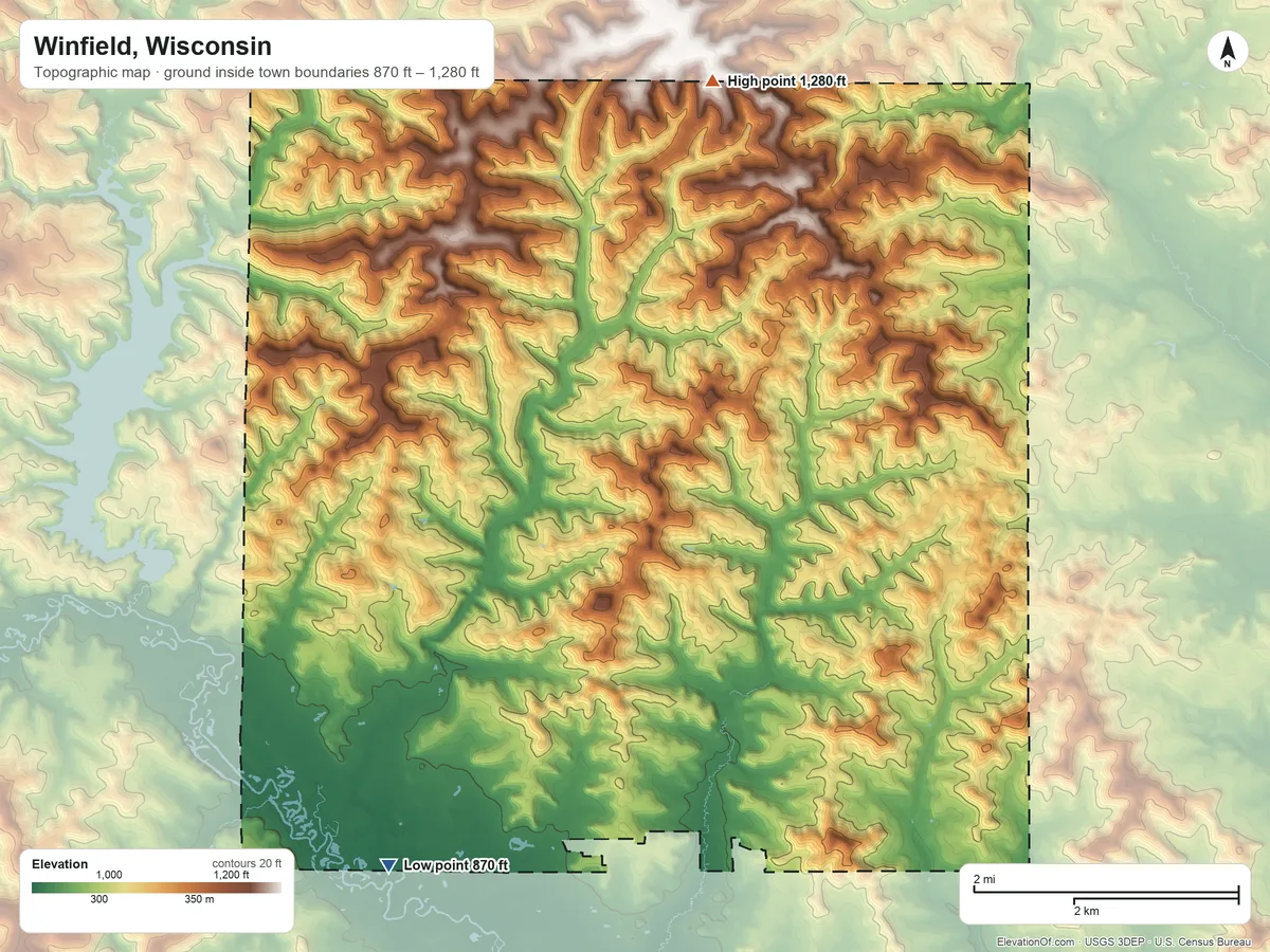 Topographic elevation map of Winfield, Wisconsin, shaded from 870 ft on the southwest side to 1,280 ft on the north side