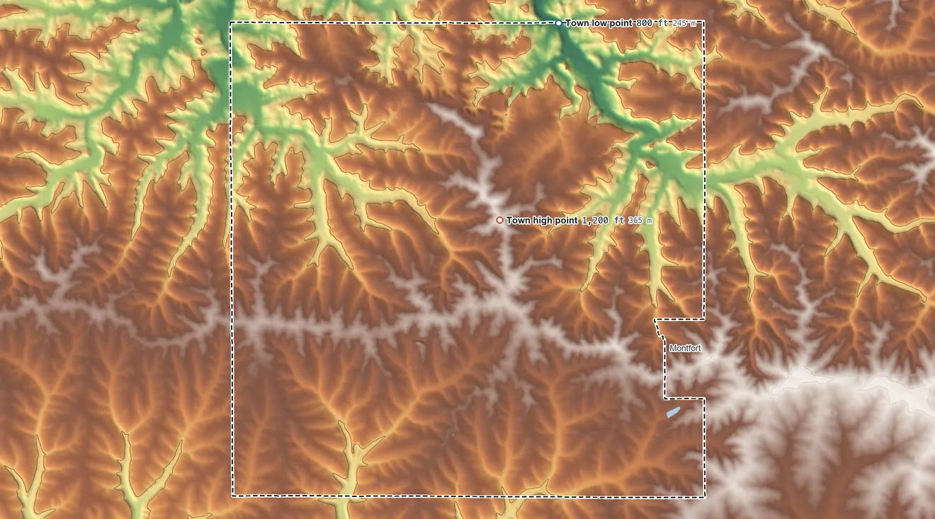 Topographic elevation map of Wingville, Wisconsin, shaded from 800 ft on the north side to 1,200 ft on the north side