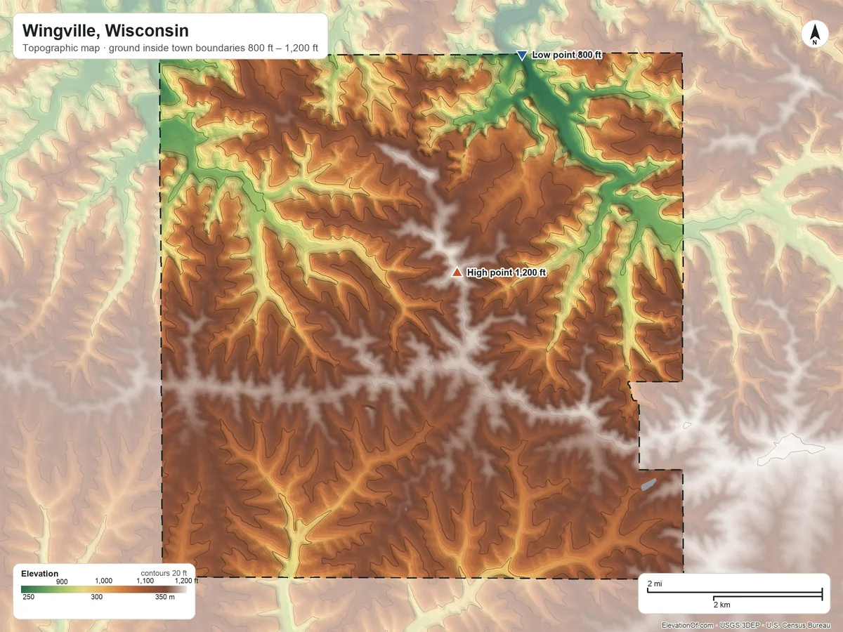 Topographic elevation map of Wingville, Wisconsin, shaded from 800 ft on the north side to 1,200 ft on the north side