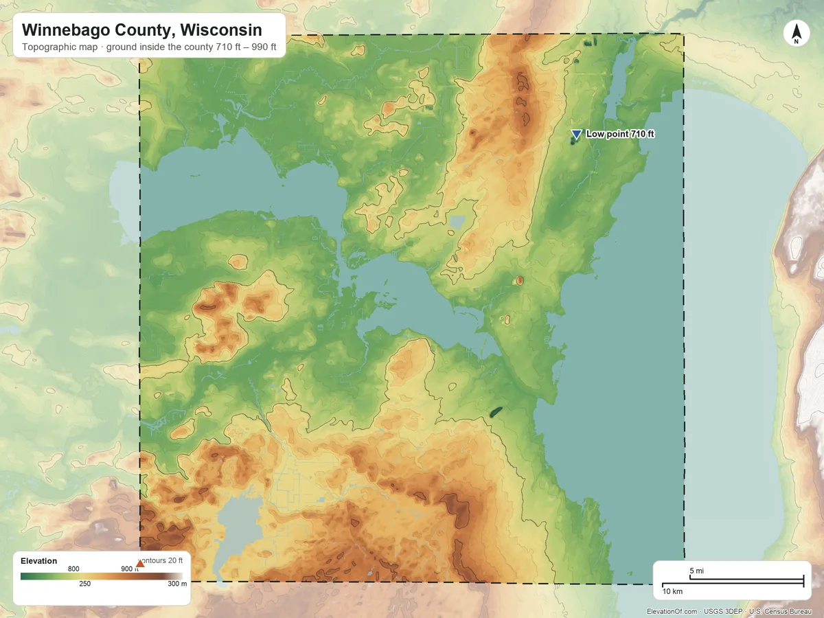 Topographic elevation map of Winnebago County, Wisconsin, shaded from 710 ft on the northeast side to 990 ft on the southwest side