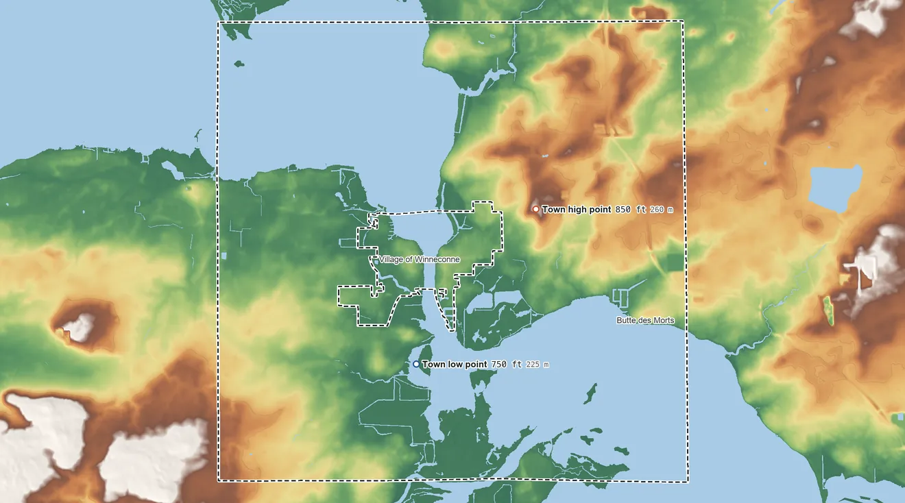 Topographic elevation map of Winneconne, Wisconsin, shaded from 750 ft on the southwest side to 850 ft near the middle
