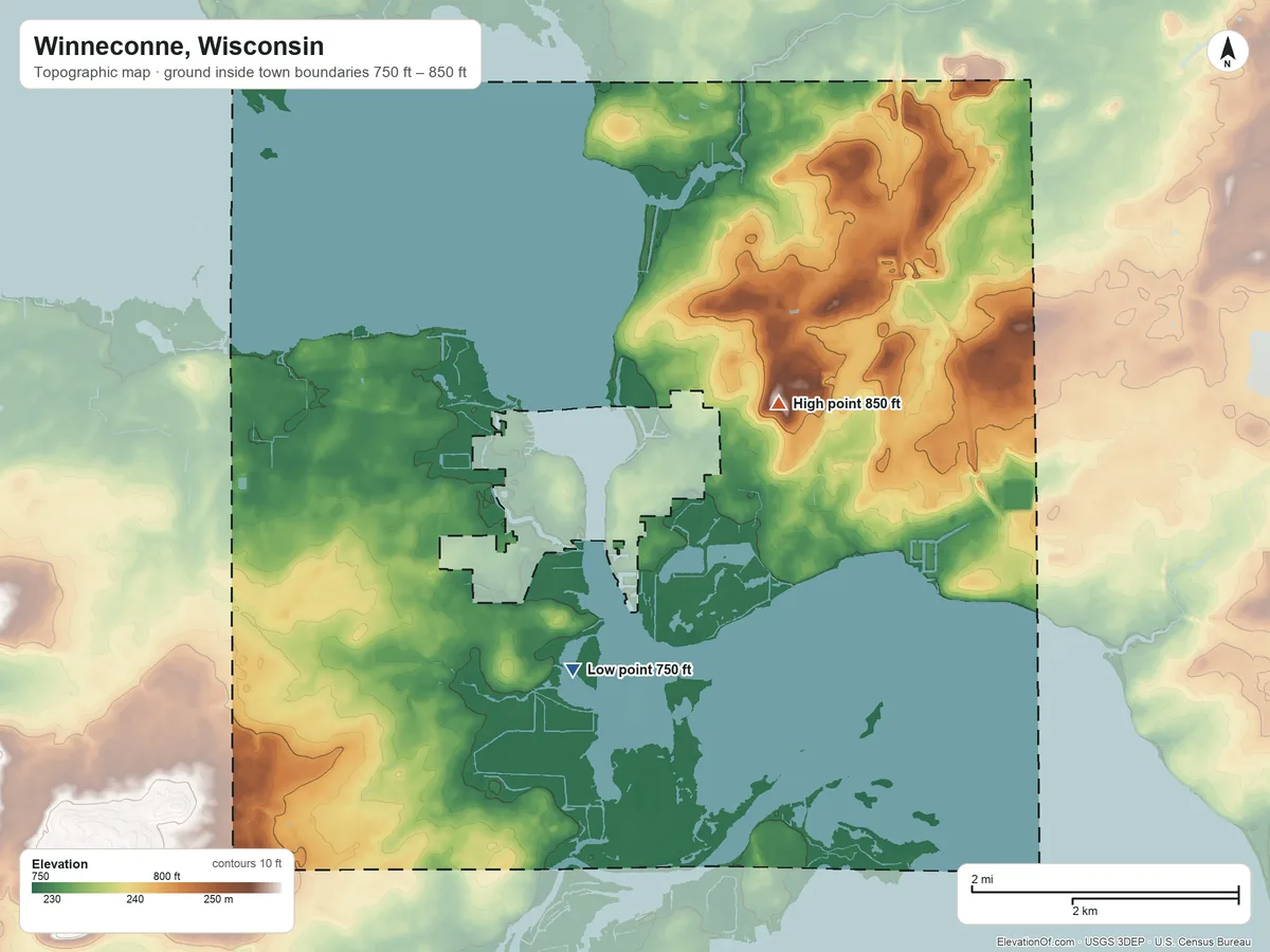 Topographic elevation map of Winneconne, Wisconsin, shaded from 750 ft on the southwest side to 850 ft near the middle