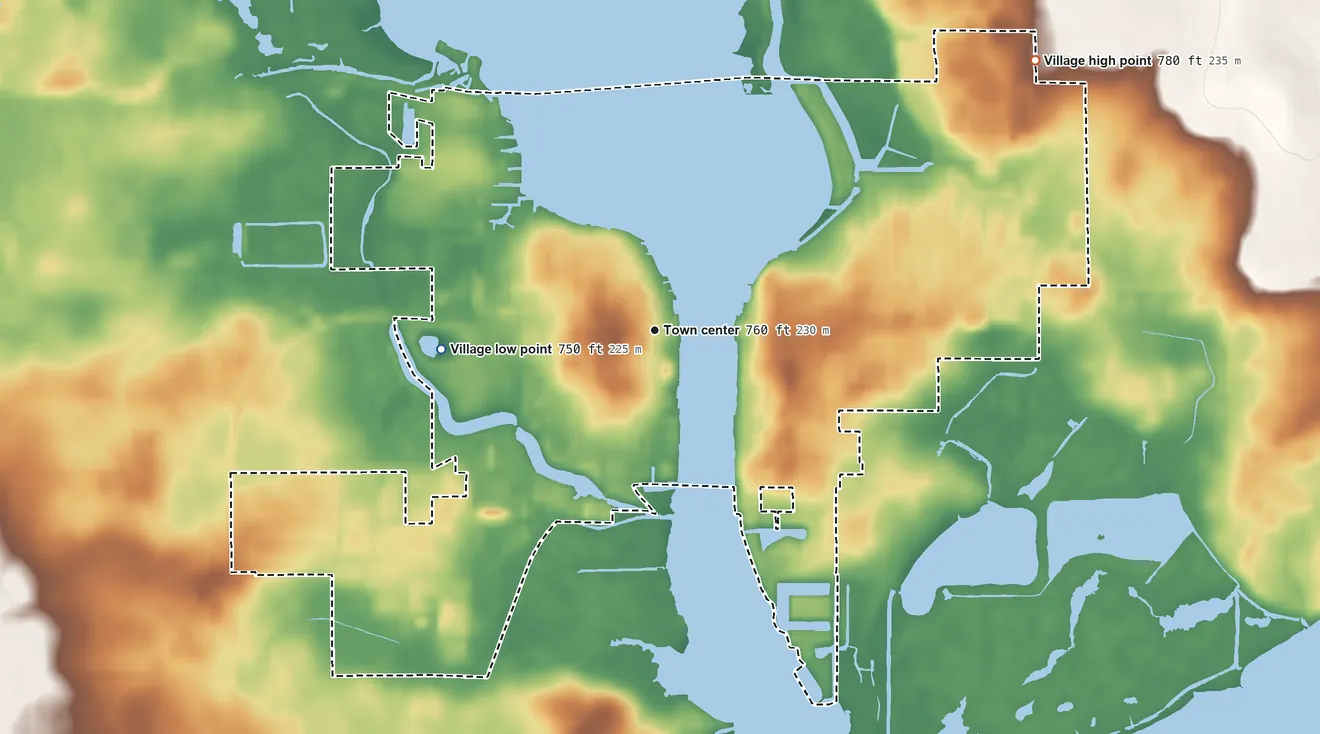 Topographic elevation map of Village of Winneconne, Wisconsin, shaded from 750 ft on the west side to 780 ft on the northeast side