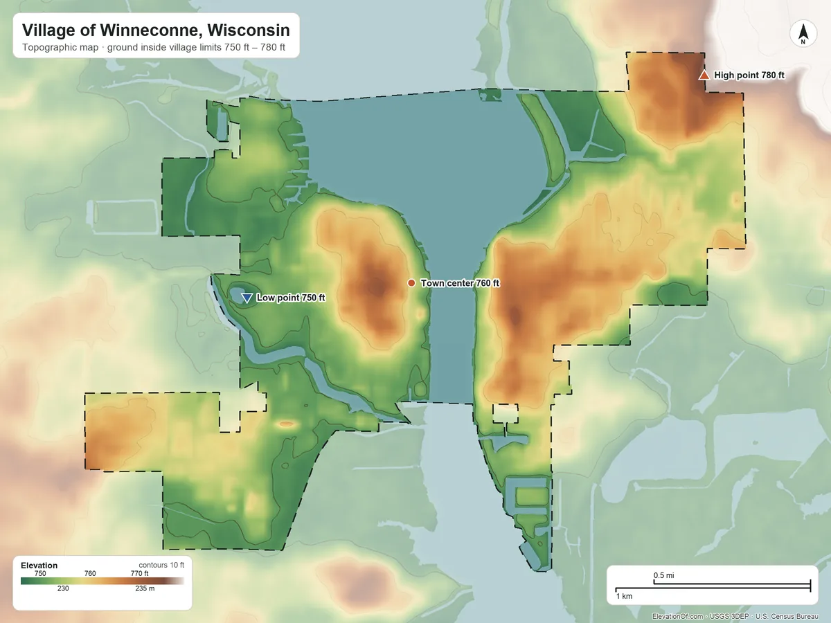 Topographic elevation map of Village of Winneconne, Wisconsin, shaded from 750 ft on the west side to 780 ft on the northeast side