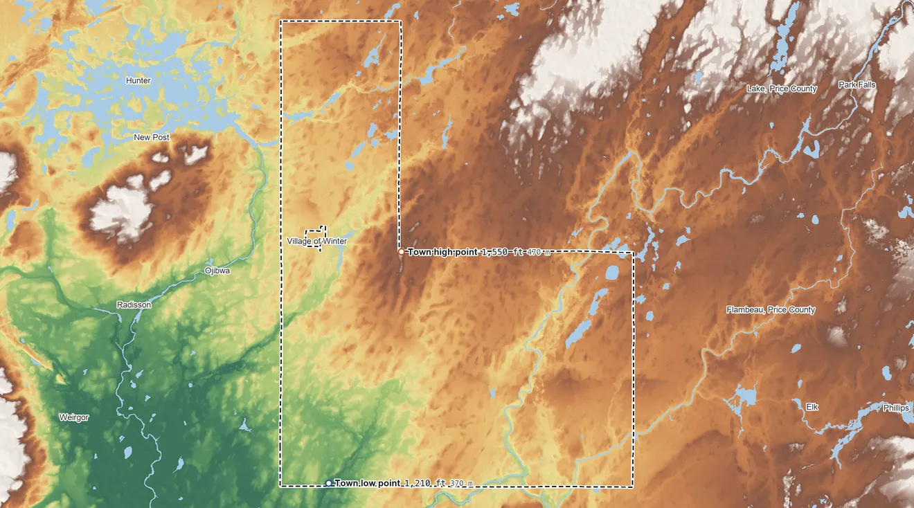 Topographic elevation map of Winter, Wisconsin, shaded from 1,210 ft on the south side to 1,550 ft near the middle