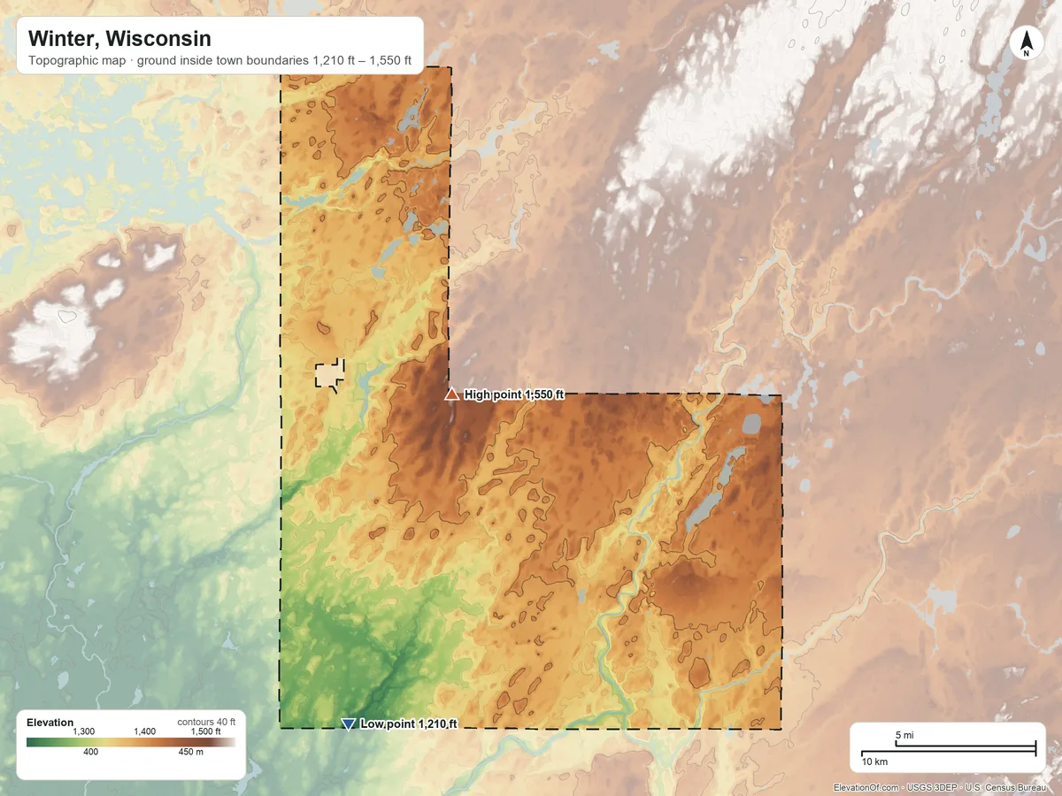 Topographic elevation map of Winter, Wisconsin, shaded from 1,210 ft on the south side to 1,550 ft near the middle