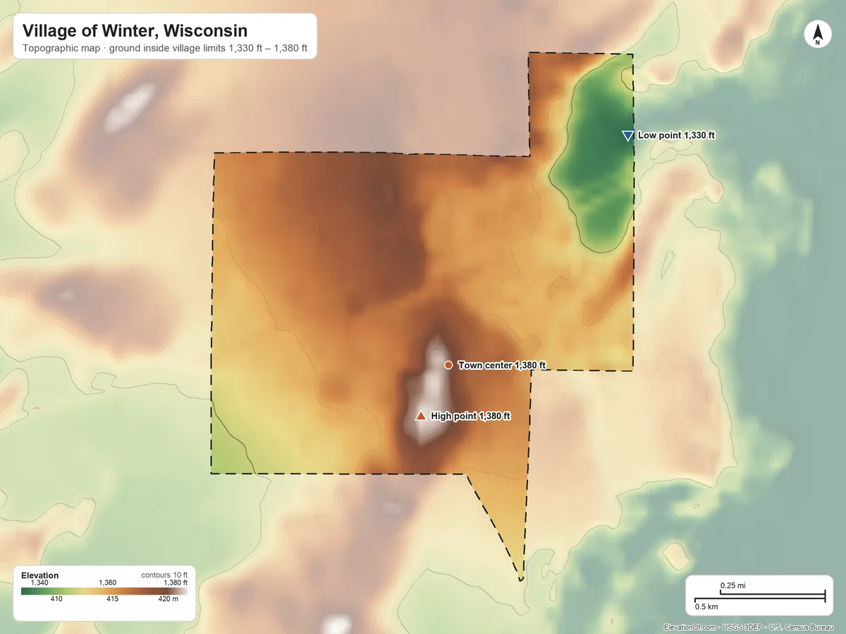 Topographic elevation map of Village of Winter, Wisconsin, shaded from 1,330 ft on the northeast side to 1,380 ft near the middle