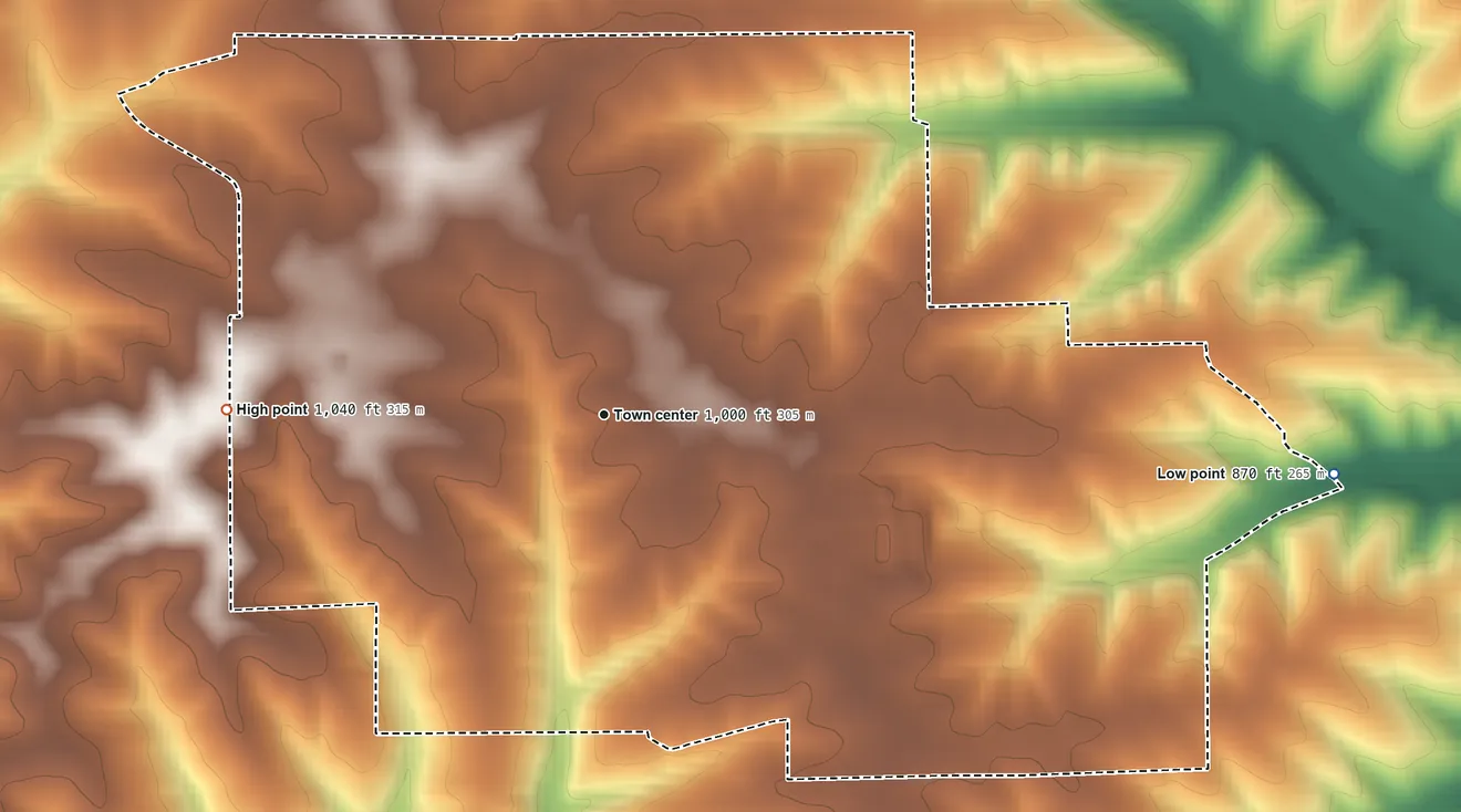 Topographic elevation map of Wiota, Lafayette County, Wisconsin, shaded from 870 ft on the east side to 1,040 ft on the west side