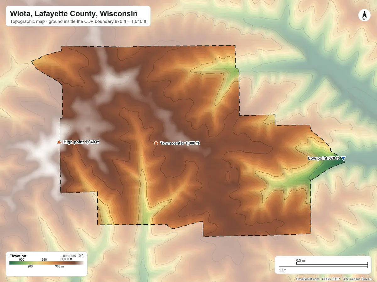 Topographic elevation map of Wiota, Lafayette County, Wisconsin, shaded from 870 ft on the east side to 1,040 ft on the west side