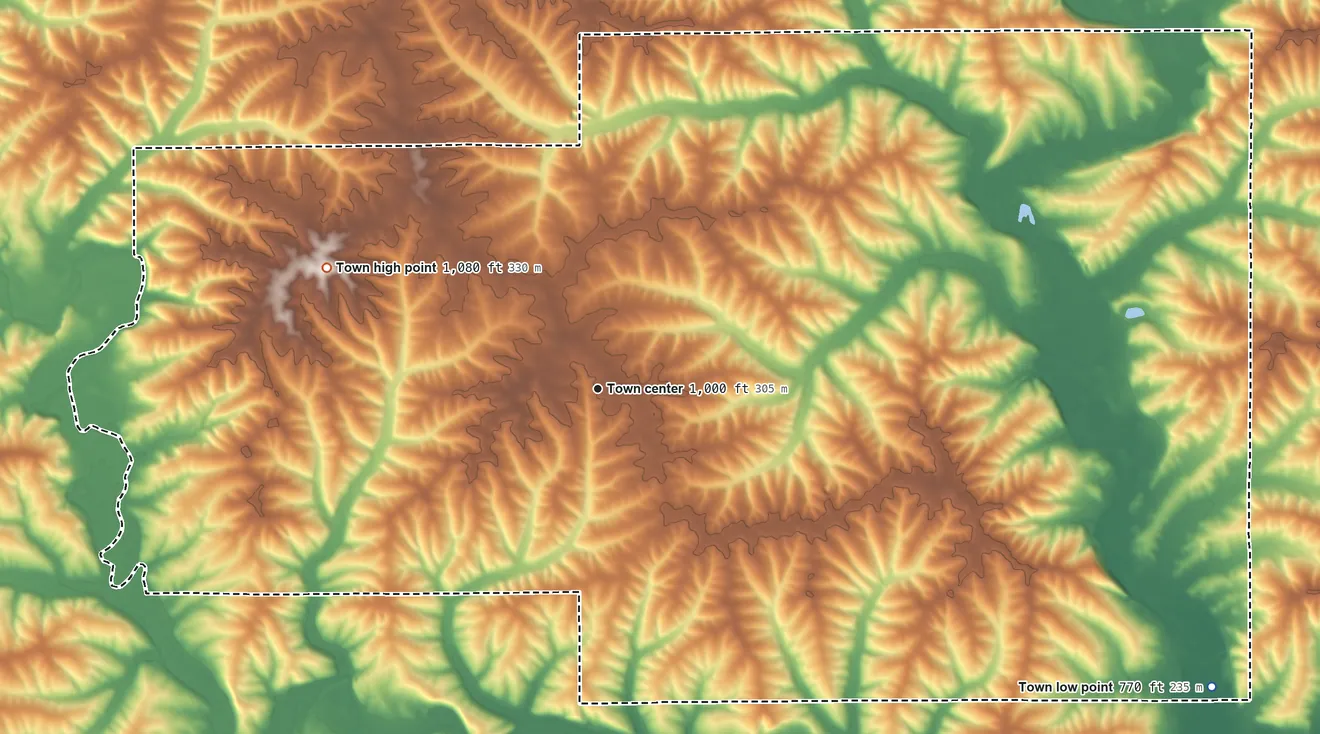Topographic elevation map of Wiota, Wisconsin, shaded from 770 ft on the southeast side to 1,080 ft on the northwest side