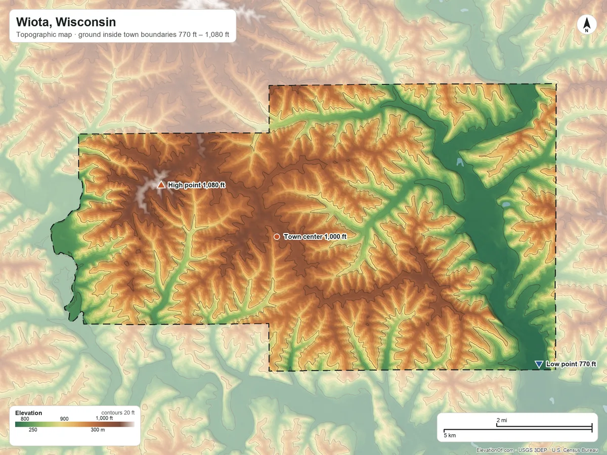 Topographic elevation map of Wiota, Wisconsin, shaded from 770 ft on the southeast side to 1,080 ft on the northwest side