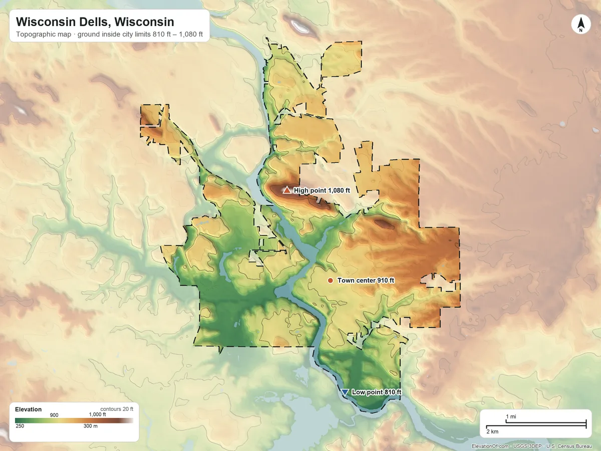 Topographic elevation map of Wisconsin Dells, Wisconsin, shaded from 810 ft on the south side to 1,080 ft on the northwest side