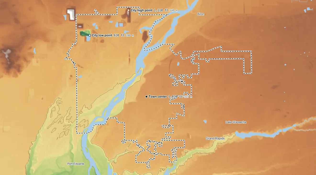 Topographic elevation map of Wisconsin Rapids, Wisconsin, shaded from 920 ft on the northwest side to 1,110 ft on the north side