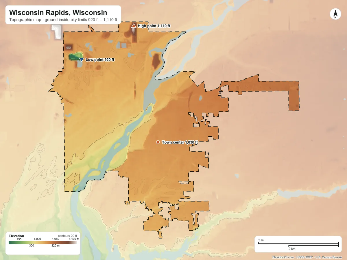 Topographic elevation map of Wisconsin Rapids, Wisconsin, shaded from 920 ft on the northwest side to 1,110 ft on the north side