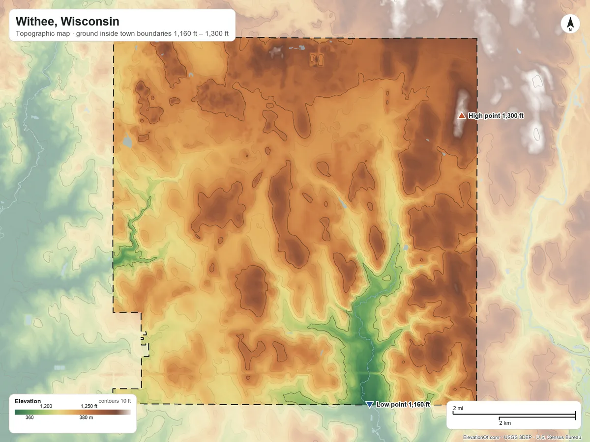 Topographic elevation map of Withee, Wisconsin, shaded from 1,160 ft on the southeast side to 1,300 ft on the northeast side
