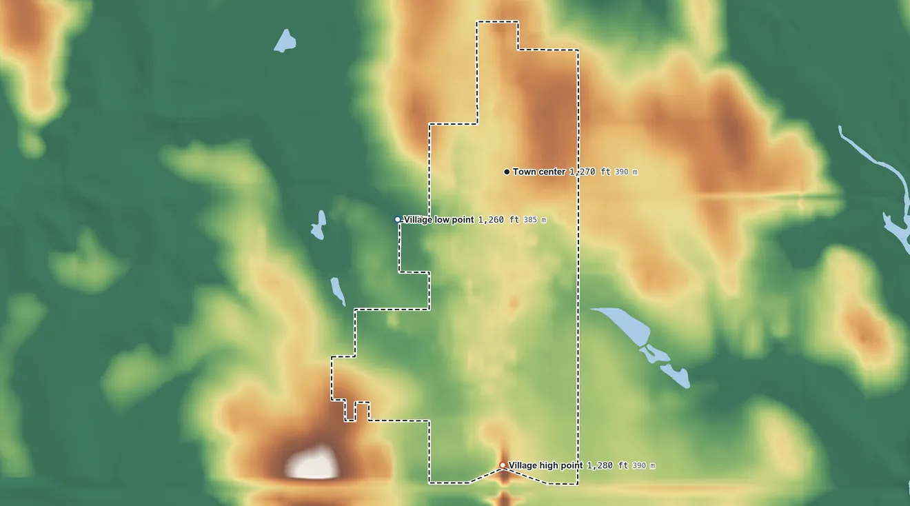 Topographic elevation map of Village of Withee, Wisconsin, shaded from 1,260 ft on the southwest side to 1,280 ft on the south side