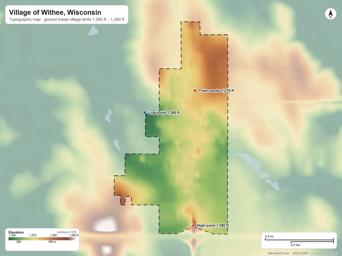 Topographic elevation map of Village of Withee, Wisconsin, shaded from 1,260 ft on the southwest side to 1,280 ft on the south side