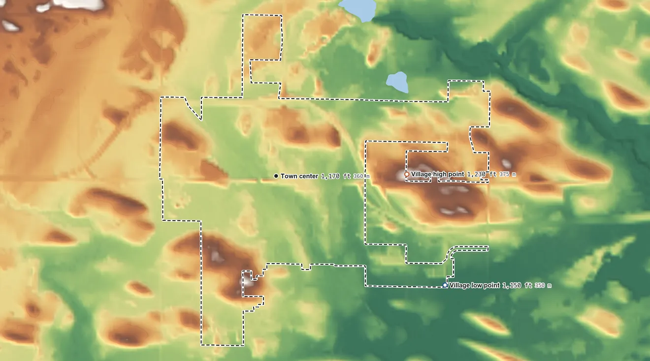 Topographic elevation map of Wittenberg, Wisconsin, shaded from 1,150 ft on the southeast side to 1,230 ft on the east side