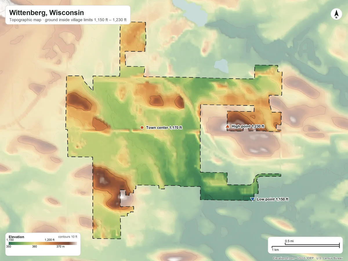 Topographic elevation map of Wittenberg, Wisconsin, shaded from 1,150 ft on the southeast side to 1,230 ft on the east side