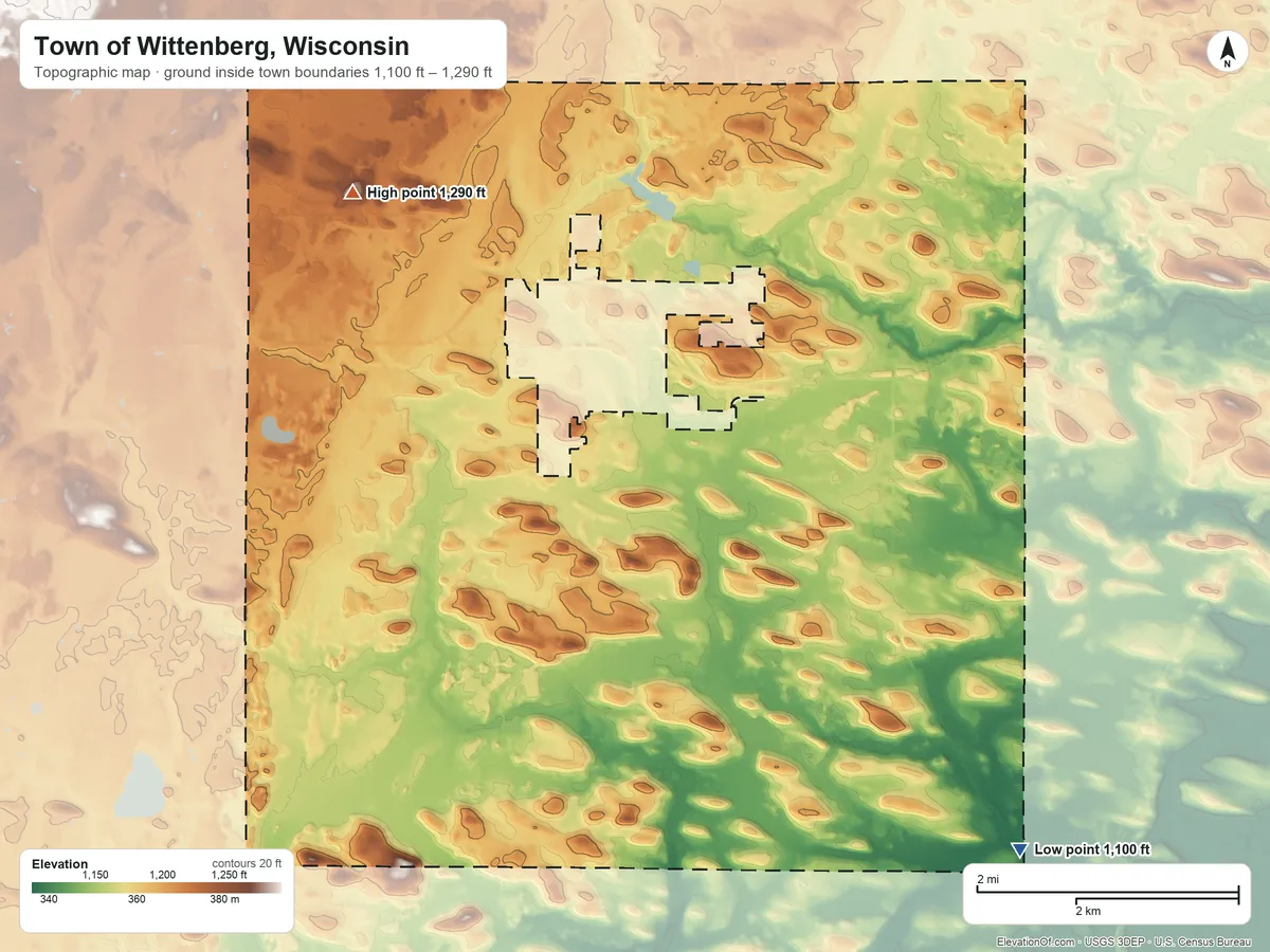 Topographic elevation map of Town of Wittenberg, Wisconsin, shaded from 1,100 ft on the southeast side to 1,290 ft on the northwest side
