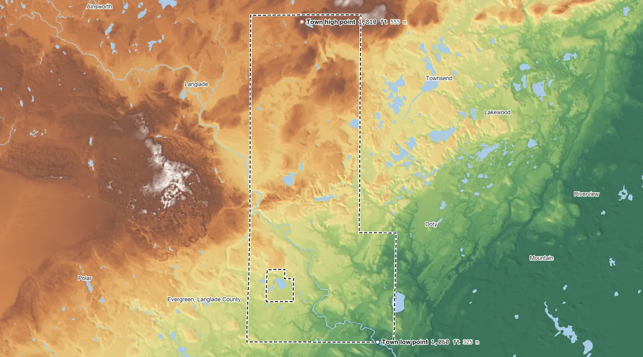 Topographic elevation map of Wolf River, Langlade County, Wisconsin, shaded from 1,060 ft on the southeast side to 1,810 ft on the north side