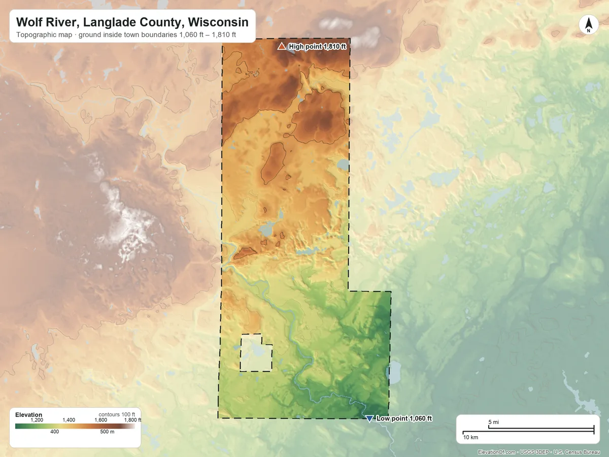 Topographic elevation map of Wolf River, Langlade County, Wisconsin, shaded from 1,060 ft on the southeast side to 1,810 ft on the north side
