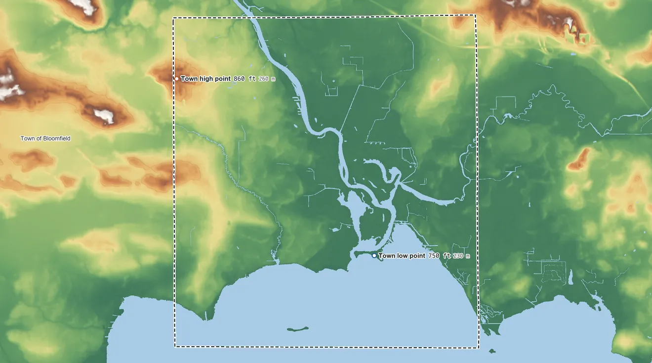 Topographic elevation map of Wolf River, Wisconsin, shaded from 750 ft on the southeast side to 860 ft on the northwest side