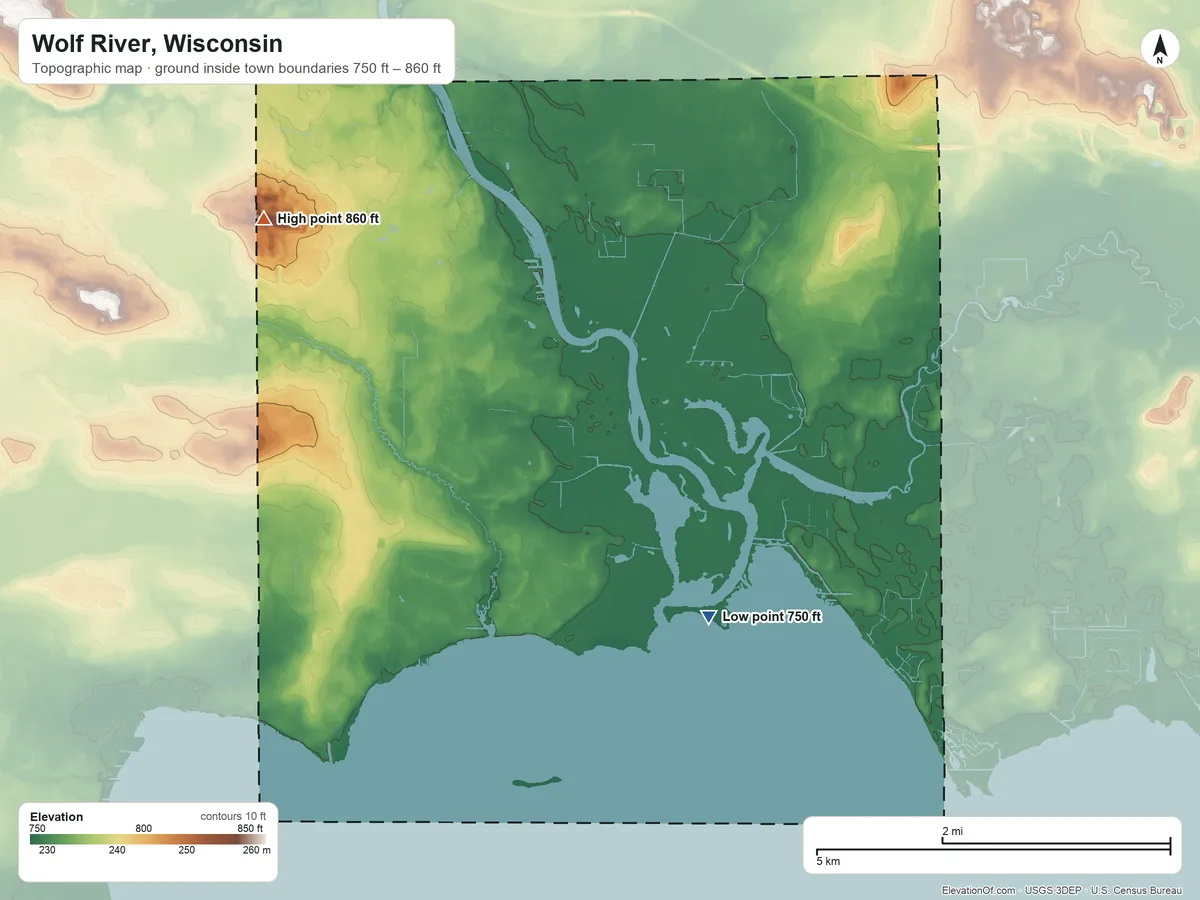 Topographic elevation map of Wolf River, Wisconsin, shaded from 750 ft on the southeast side to 860 ft on the northwest side