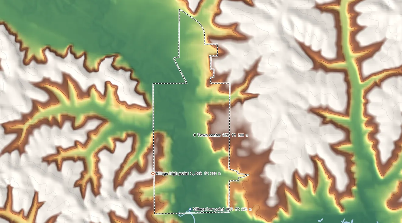 Topographic elevation map of Wonewoc, Wisconsin, shaded from 900 ft on the south side to 1,060 ft on the southwest side