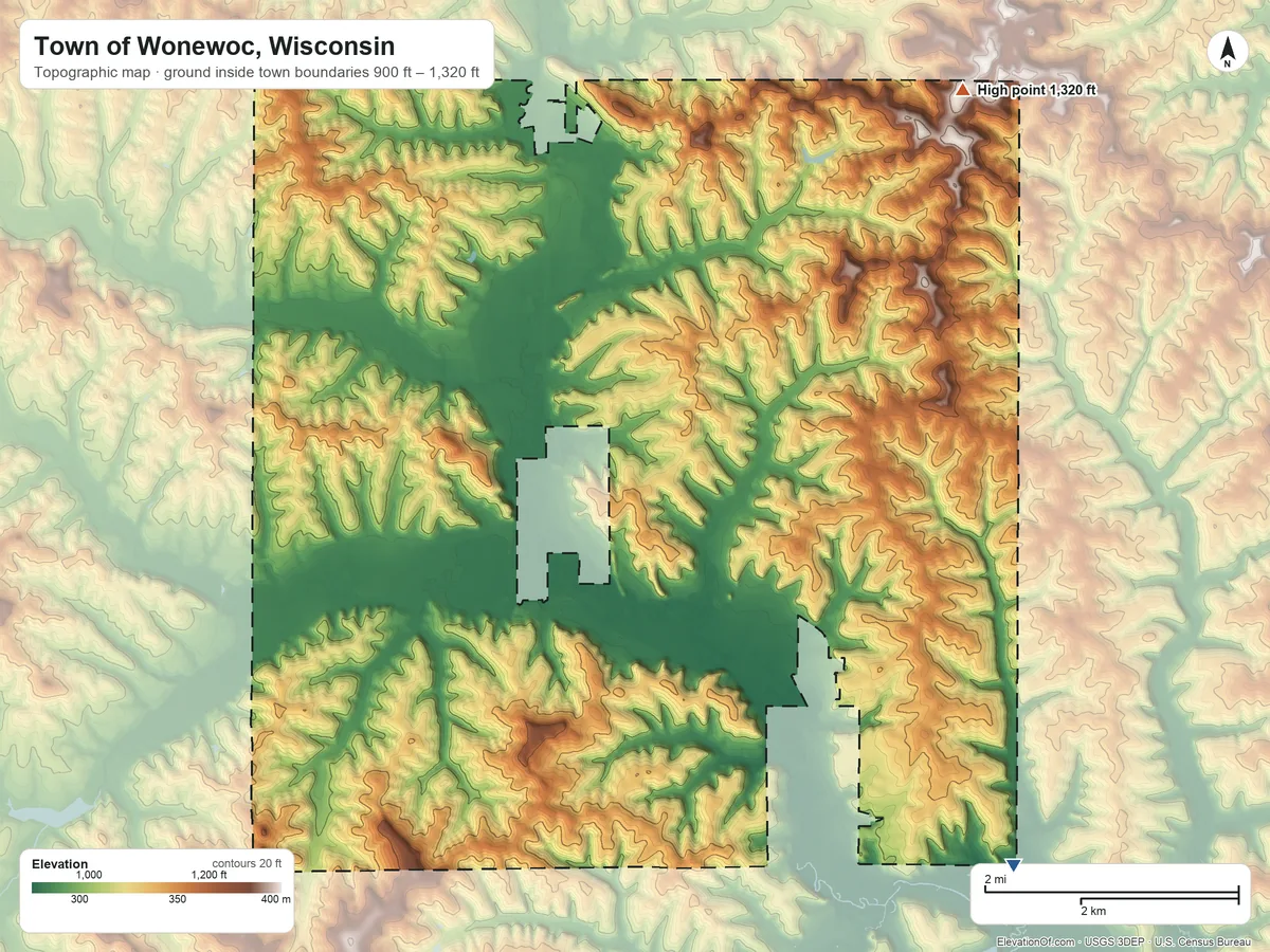 Topographic elevation map of Town of Wonewoc, Wisconsin, shaded from 900 ft on the southeast side to 1,320 ft on the northeast side