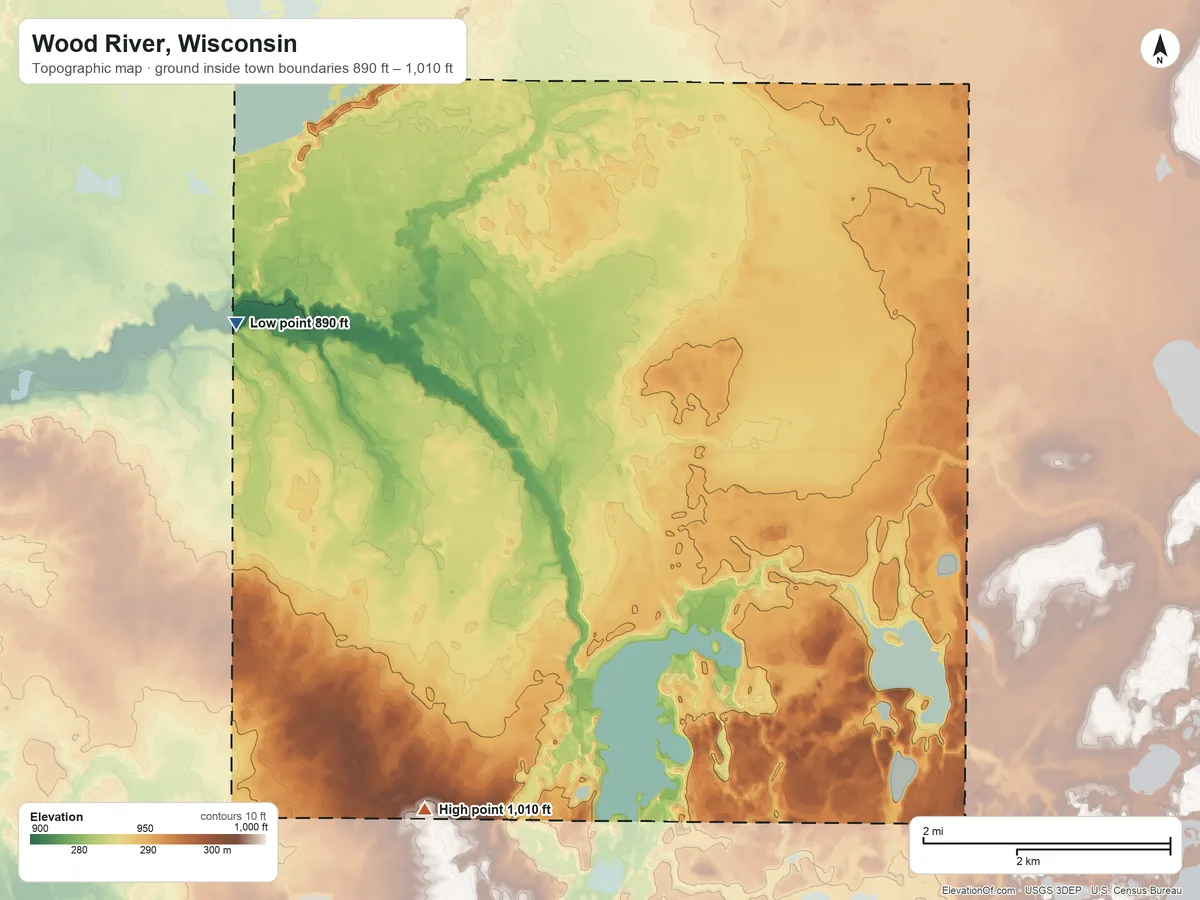 Topographic elevation map of Wood River, Wisconsin, shaded from 890 ft on the northwest side to 1,010 ft on the southwest side
