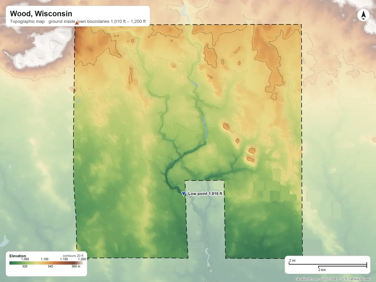 Topographic elevation map of Wood, Wisconsin, shaded from 1,010 ft on the south side to 1,200 ft on the northwest side