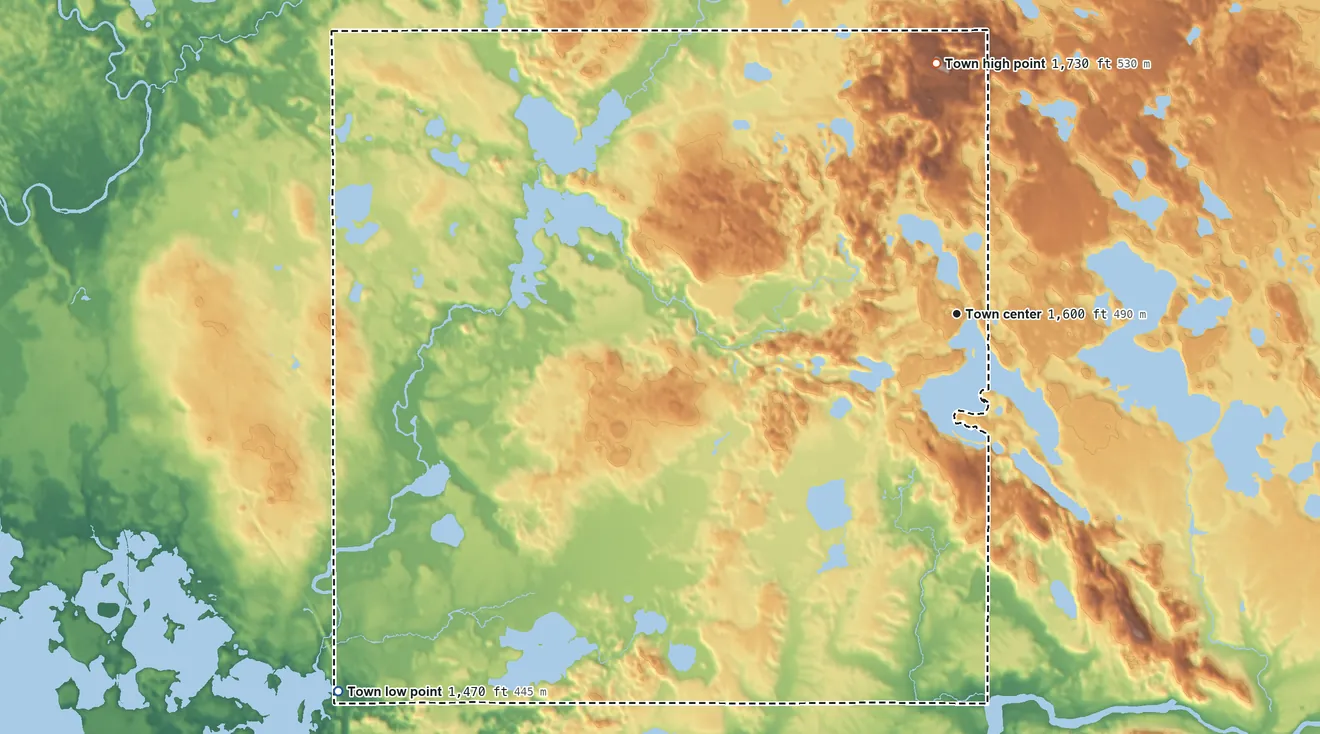 Topographic elevation map of Woodboro, Wisconsin, shaded from 1,470 ft on the southwest side to 1,730 ft on the north side